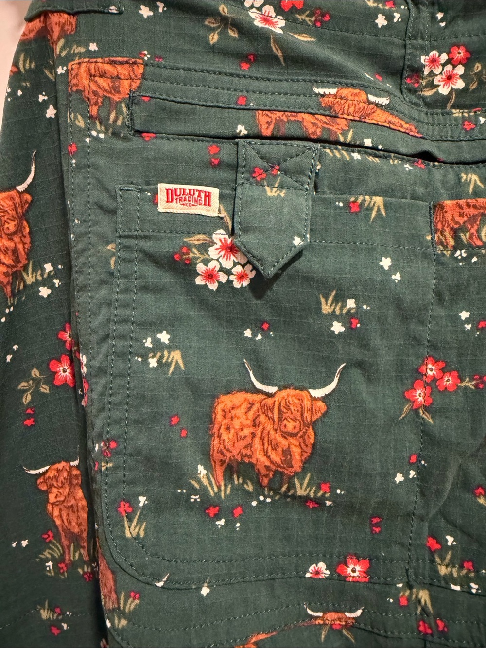 Duluth Trading Co Green Floral & Highland Cow women’s Overalls - Picture 4 of 9